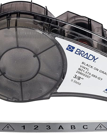 Brady Authentic (M21-375-595-GY) All-Weather Vinyl Label for Indoor/Outdoor ID, Lab and Equipment Labeling, Black on Gray- ForM210, M210-LAB, M211, BMP21-PLUS and BMP21-LAB Printers, .375" W, 21' L