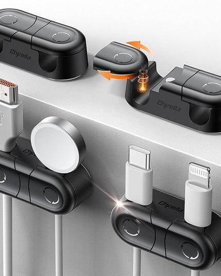 Magnetic Cable Clips - Chfeila 4Pack [Dual Slot] [360°Rotating & Twist-Lock] Cord Management, Adhesive Phone Charging Keeper, Wire Organizer Holder for Nightstand, Home Office Desk Accessories Decor