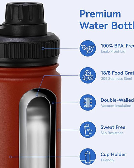 DOMICARE 16 oz Kids Water Bottle for School Stainless Steel Double Wall Vacuum Insulated Water Bottle with Straw lids & Spout Lid, Leakproof BPA Free (Red,1)
