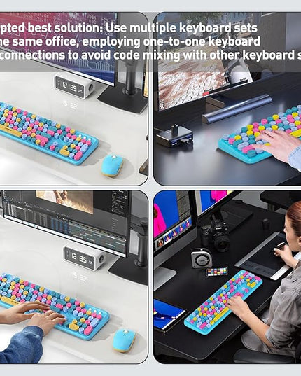 FOPETT 2.4GHz Wireless Keyboard and Mouse Set with Switch Button - Full-Size Keyboard - Compatible for Windows/Laptop/PC/Notebook/Smart TV and More - Blue Colorful
