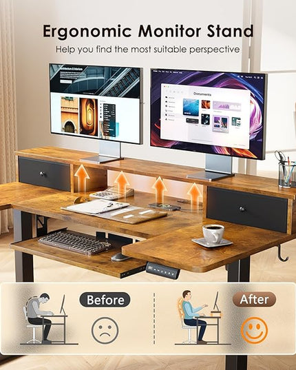 OffiGo U Shaped Electric Standing Desk with Drawers, 55 Inch Height Adjustable Desk with Keyboard Tray ＆ Ergonomic Monitor Stand, Sit Stand Table with Power Outlets for Home, Office, Rustic Brown