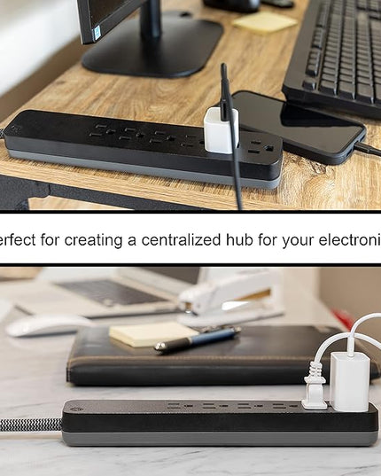 GE UltraPro 6 Outlet Surge Protector, 6 Ft Designer Braided Extension Cord, Flat Plug, Long Power Cord, Wall Mount, Black, 45271