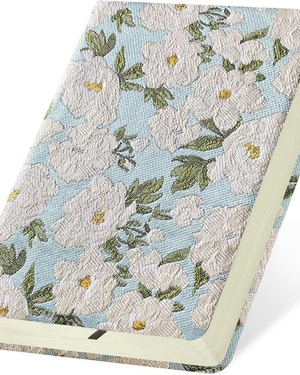 Pocket Notebook, A6, 4x6, Small Embroidered Journal, Cute Notebook, Lay Flat, Hardcover, Lined Notebook & Sketchbook, Personal Writing Journal for Women, Blue Journal, White Gardenia Flower