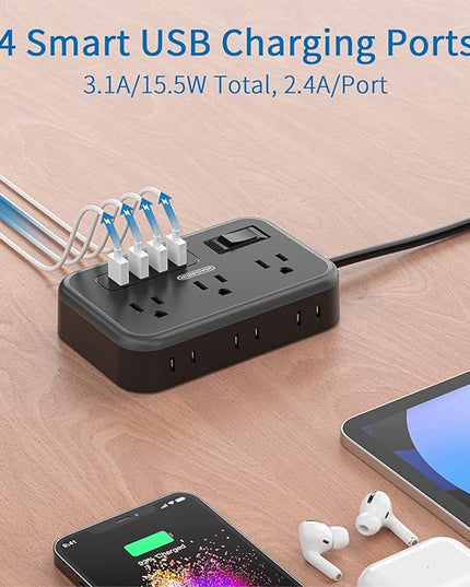 2 Pack Power Strip with 6 Outlets(2 Side) and 4 USB, NTONPOWER Flat Plug Extension Cord 5 Ft, Overload Protection, Wall Mount, Compact Size Charging Station for Office Desk, Nightstand and Travel