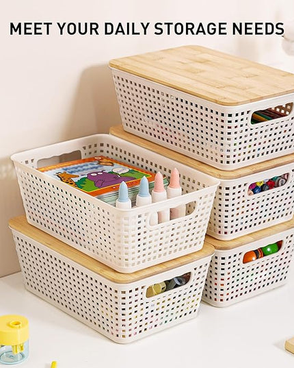 Small Storage Bins with Lids 6 Packs, Plastic Storage Basket with Bamboo Lid for Pantry Organization and Storage Containers for Shelves Drawers Desktop Closet Playroom Office Home, White