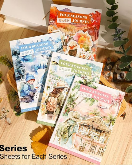 MiyouLuna Seasons Journey Pre-Cut PET Sticker Set, 80 Sheets of Seasonal Travel-Themed Stickers for Scrapbooking, Journaling, DIY Crafts, and Junk Journal Ephemera