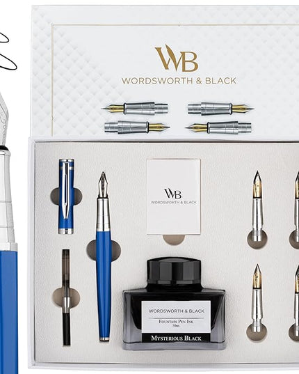Wordsworth & Black Fountain Pen Gift Set, Includes Bottle, 6 Cartridges, Refill Converter, 4 Replacement Nibs, Premium Package, Journaling, Calligraphy, Smooth Writing Pens [Blue Chrome]