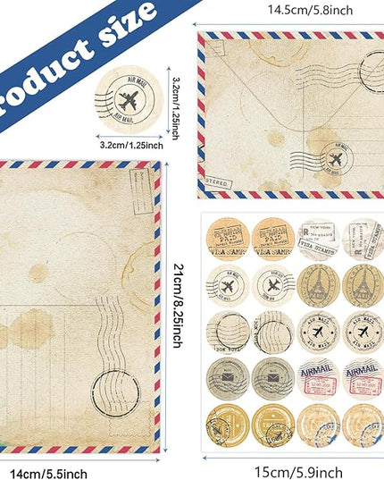 160 Pcs Stationery Paper Envelopes Set Includes 50 Lined Writing Paper & 50 Envelopes with 60 Colorful Round Dot Stickers, Cute Vintage Travel Letter Writing Stationery Paper Envelopes(10Style)