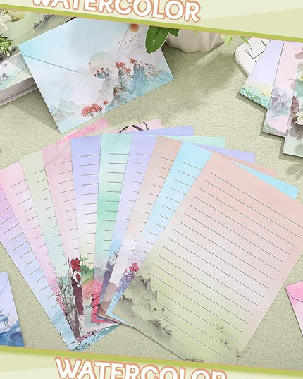 TaoBary 160 Pcs Stationery Paper Set 50 Double Sided Stationery Papers with 50 Matching Envelopes and 60 Round Dot Sticker, 10 Design(Ink Painting,5.5 x 8.25 Inch)