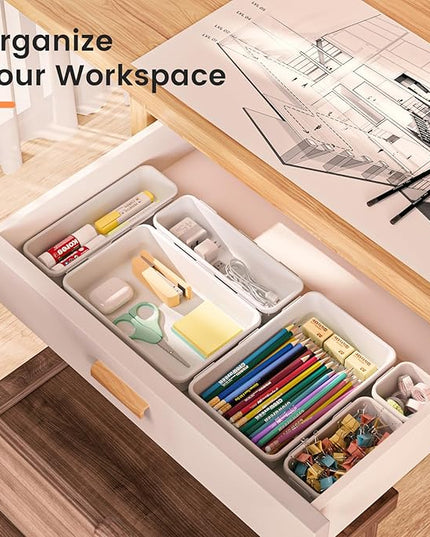 A-LuGei 【𝟮𝟴𝗣𝗖𝗦】 【𝟱𝗦𝗶𝘇𝗲】 White Drawer Organizer, Makeup organizer, 【Holds 177 Items】 Bathroom Organizers and Storage, Plastic Desk Organizer Divider, Organizer Bins for Office Vanity