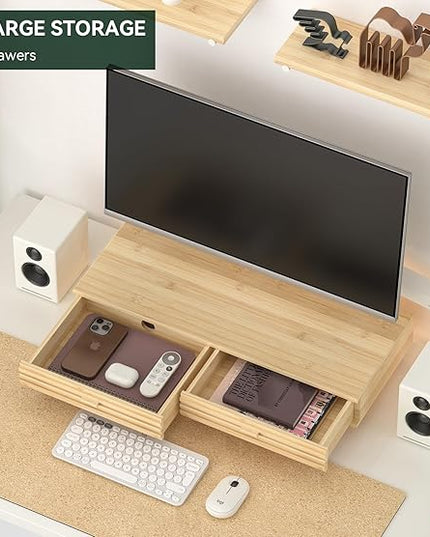 Bamboo Monitor Stand with Drawer - Desk Organizer with Cable Management & Storage, Ergonomic Laptop Riser for Home Office (220lbs Capacity, 24 inch ,Natural)