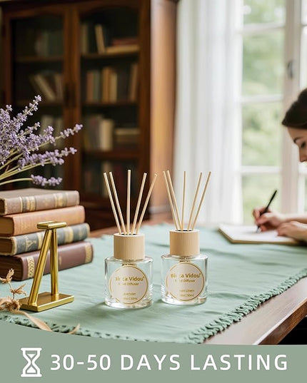 Binca Vidou Reed Diffuser Set Lavender & Linen Natural Scent Theme Oil Diffusers with Sticks for Home Office Bathroom Aromatherapy Decor 1.69oz x 2