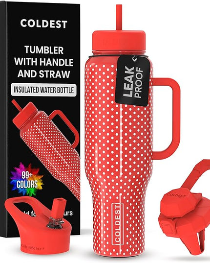 Coldest Tumbler with Handle and Straw - 100% Leak Proof Insulated Tumbler with Lid and Straw (3 Lids) - Stainless Steel Tumblers for Women & Men - Cup Holder Friendly Base, 46 oz (Red Dress)