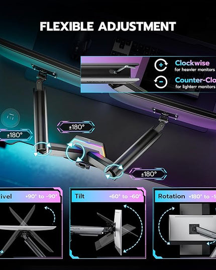 ARES WING RGB Dual Monitor Arm for 17-38" Ultrawide Screens, Holds 35.2lbs, Heavy Duty Dual Monitor Stand for Desk, Adjustable Double Mount with Clamp & Grommet Base, 75/100 VESA Mount, Gray