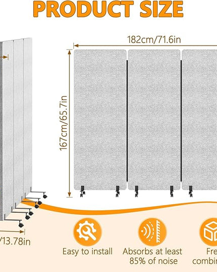 Soundproof Room Divider Panel with Wheels, 66in Portable Office Partition Screen, 3 Panel Temporary Wall Divider for Sound Proof Separation, Cubicle Privacy Panels for Desk (Light Grey)
