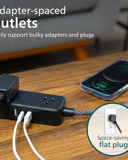 Philips 2-Outlet Extension Cord, 1 USB-C, 2 Type-A Ports, Braided Extension Cord with Multiple Outlets, Flat Plug Power Strip, Power Strip with USB Ports, ETL Listed, Black, SPS3564B/37