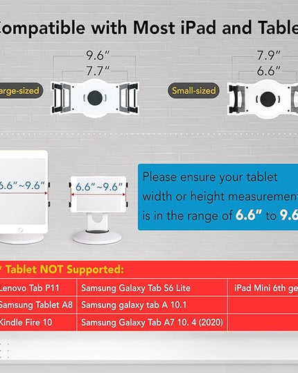 EHO iPad Stand, 360° Rotating Commercial Tablet Stand, Retail Kiosk, 6"-13"(Screen) Adapter Universal Tablet Clamp Holder for iPad, iPadAir, iPadMini, Microsoft Surface, Most Tablets - White