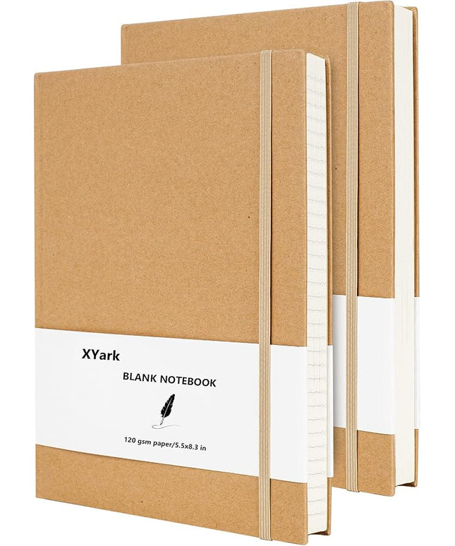 XYark Blank A5 Karft Notebook Journals Bulk, Plain Hardcover Subject Sketchbook Composition Notebooks Planner with Unlined Paper, 2 Pack, 120GSM, 102 Sheets, 5.5x8.3 inch, Travel Journal Set