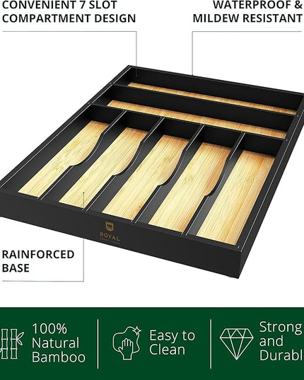 ROYAL CRAFT WOOD Luxury Bamboo Kitchen Drawer Organizer - Silverware Organizer - Utensil Holder and Cutlery Tray with Grooved Drawer Dividers for Flatware and Kitchen Utensils (7 Slot)