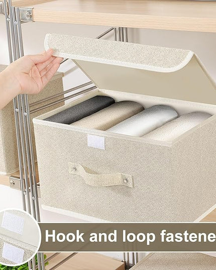 Storage Boxes, Collapsible Storage Bins with Lids, Cotton and linen cloth Storage Baskets with Handle, for Books, Closet, Bedroom, Home, 13x9.1x7.9 in, Grey and Beige
