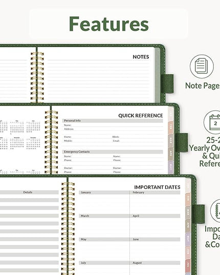 SUNEE 2026 Weekly & Monthly Planner 9"x11.2"- 12 Month (January 2026 - December 2026), Vegan Leather Cover, Pocket, Bookmark, Notes, Monthly Tab, Deep Green