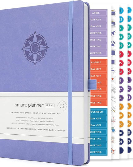 Smart Planner Pro – Undated Daily Planner – Medium B5 – Achieve Goals & Increase Productivity with Weekly, Monthly, Work Sections - Organizer Planner with Back Pocket, 3 Satin Bookmarks & Pen Holder