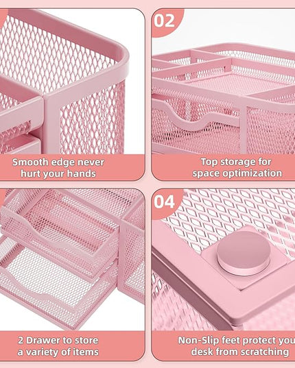 Marbrasse Mesh Desk Organizer, Pen Organizer with 2 Drawer, Multi-Functional Pencil Holder, Desk Organizers and Accessories with 5 Compartments + Drawer for Office Art Supplies (Pink)