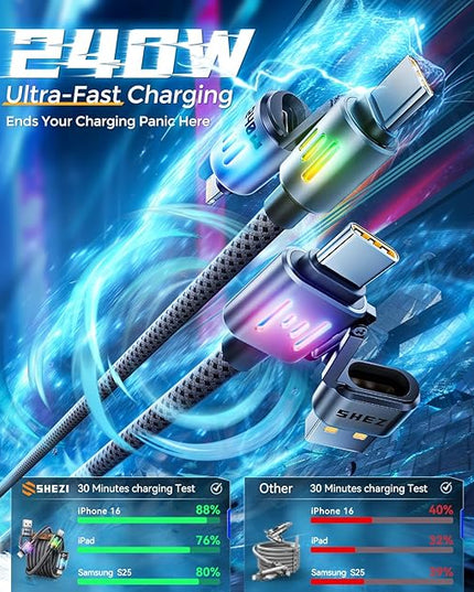 SHEZI 4-in-1 USB C Cable [240W Fast Charging & Data Transfer] Nylon iPhone Charger Cord with Light, Multi Charge Cables Combo with L/Type C/USB A Port for iPhone/iPad/Samsung, 5FT