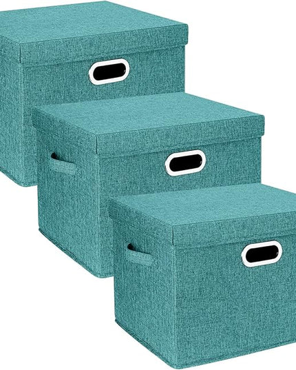 TYEERS Large Storage Bins with Lids, Collapsible, Washable, Fabric Storage Boxes for Organizing, 17.3x11.8x11.4 inches, 3 Pack, Aqua Deep