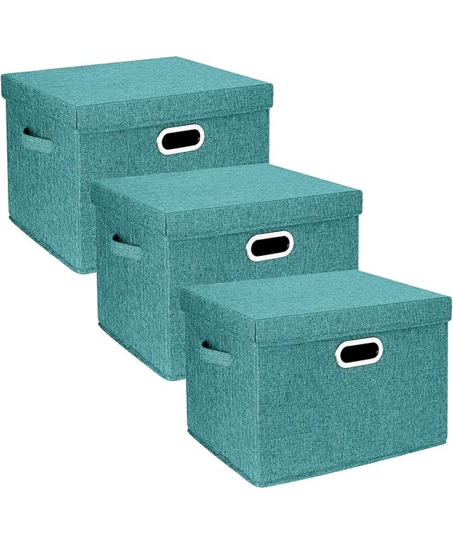 TYEERS Large Storage Bins with Lids, Collapsible, Washable, Fabric Storage Boxes for Organizing, 17.3x11.8x11.4 inches, 3 Pack, Aqua Deep