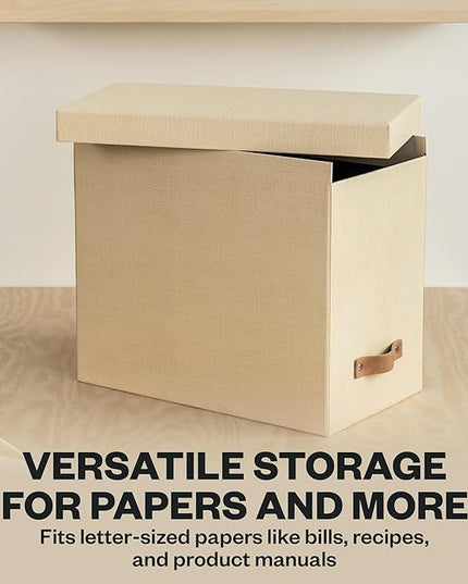 Bigso John File Box - File Storage Box and File Organizer for Important Paperwork - Durable Hanging File Box with Lid and Leather Handle - 7.36 in x 13.26 in x 10.51 in - Cream