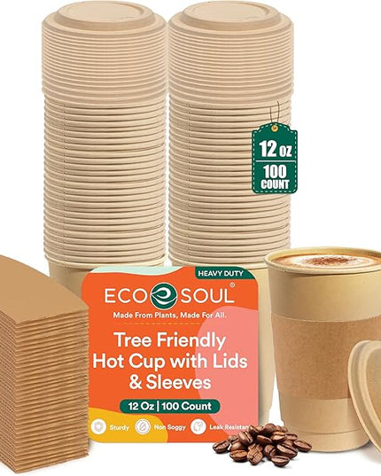 ECO SOUL 100 Pack 12 oz Disposable Coffee Cups with Lids & Sleeves Eco-Friendly, Biodegradable, Compostable, Leak-free & Sturdy To Go Hot Drink Cup for Tea, Chocolate Party Travel Cafe Office & Home