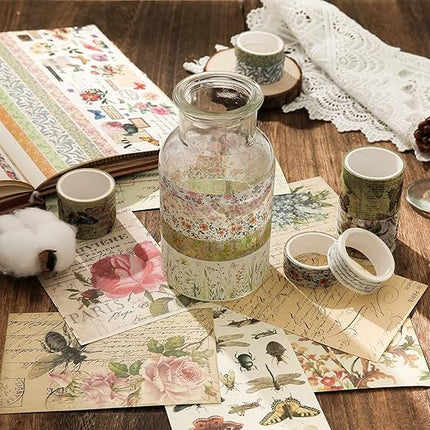 24 Rolls Vintage Washi Tape Set, Floral Letter Butterfly Mushroom Botanical Flower Writable Decorative Tapes for Scrapbooking , Junk Journal supplies, Bullet Journaling 5-75mm Wide 9.84ft long/Roll