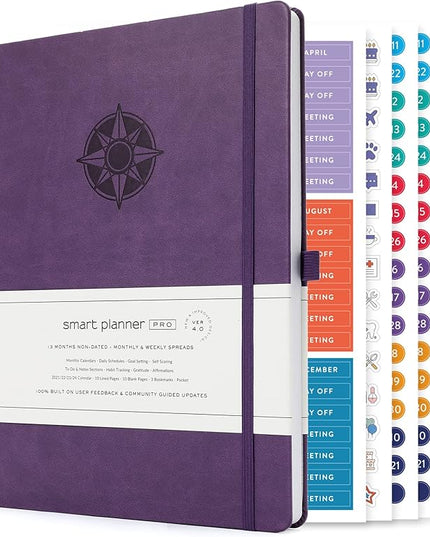 Smart Planner Pro – Undated Daily Planner – Large A4 – Achieve Goals & Increase Productivity with Weekly, Monthly, Work Sections - Organizer Diary with Back Pocket, 3 Satin Bookmarks & Pen Holder