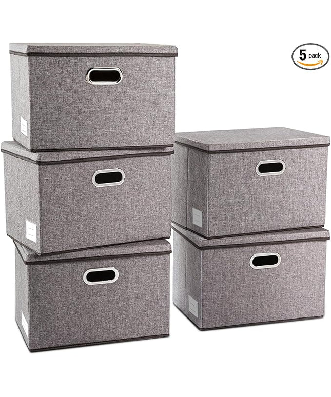 PRANDOM Large Collapsible Storage Containers with Lids [5-Pack] Linen Fabric Foldable Storage Bins Boxes Organizer Baskets Cube with Cover for Home Bedroom Closet Office Nursery (17.7x11.8x11.8)