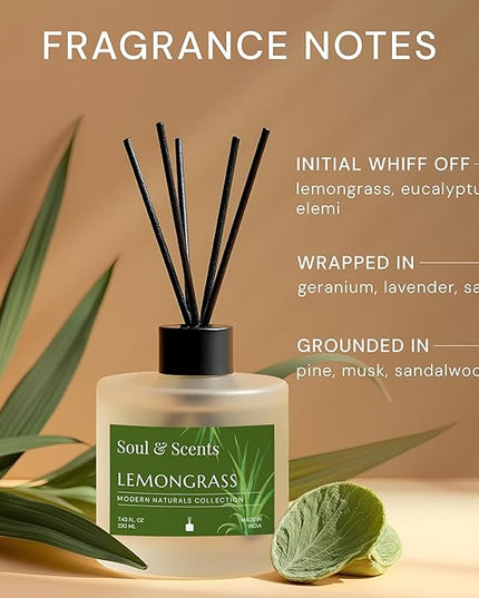 Soul & Scents Reed Diffuser Set – Lemongrass | 7.43 oz Refillable Scented Oil with 6 Fiber Sticks | Long-Lasting Home Fragrance & Air Freshener for Bedroom, Bathroom, Office | Gift & Décor Piece