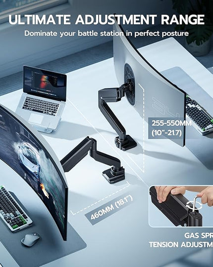ARES WING Ultrawide Monitor Arm, Heavy Duty Single Monitor Mount for 13"-49" Curved Screens, Adjustable Stand for Desk with C-clamp & Grommet Base up to 40 LBS, Black