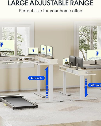FLEXISPOT 71" L Shaped Standing Desk Electric Corner Table with Shelf, 4 Storage Drawers, Adjustable Computer Workstation for Home, Office, Game, Studio, USB Charger, Light Maple Top + White Frame