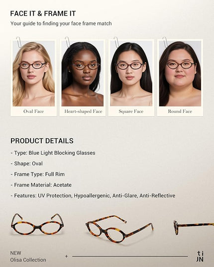TIJN Olisa Blue Light Blocking Glasses for Women Men,Oval Glasses Frame Bluelight Glasses for Gaming/Computer/Screen