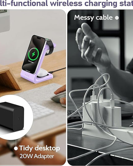 3 in 1 Wireless Charging Station: 5000mAh Removable Power Bank Charger Stand for Phone/Watch/Air Pods - Portable Magnetic Battery Pack for Air 17 16 15 14 13 12 Series Purple