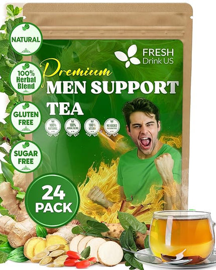 FreshDrinkUS, 24 Packs of Premium Herbal Support Tea – Ginseng Six Treasure Blend, 9 Powerful Ingredients, 10g/Bag – Men's Wellness Tea with Ginseng and Five Treasure Aid Root.