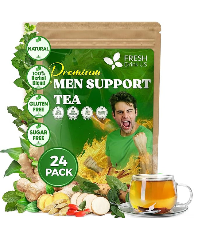 FreshDrinkUS, 24 Packs of Premium Herbal Support Tea – Ginseng Six Treasure Blend, 9 Powerful Ingredients, 10g/Bag – Men's Wellness Tea with Ginseng and Five Treasure Aid Root.