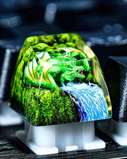Green Dragon with Waterfall Artisan Keycap R1 SA Profile Custom Fantasy Dragon Keycaps 1U ESC Handmade Gaming Resin Key Cap Cherry MX Switch Compatible Mechanical Keyboard Gift for Dragon Lover