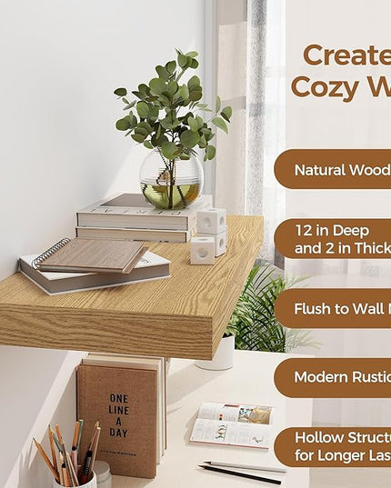 12 Inch Deep Floating Shelves, 24 x 12 Floating Shelf for Books, Rustic Wood Deep Wall Shelves for Home Storage & Display, 2" Thicked Shelves for Kitchen, Living Room, Bedroom, Oak Color, 1 Pack