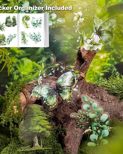 MiyouLuna 120Pcs Forest PET Scrapbook Stickers Botanical Designs for Scrapbooking Waterproof Journaling Supplies Junk Journal Ephemera with Storage Organizer