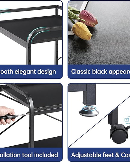 2 Tier Under Desk Printer Stand with Storage, 20 Inches Deep Large Printer Table with Height Adjustable Shelf, Rolling Printer Cart with Wheels for Home Office - Black