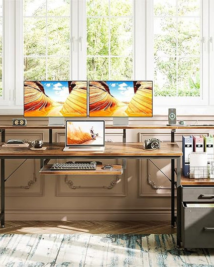 AODK Computer Desk with Drawers and Keyboard Tray, 63" Office Desk with Power Outlet, Reversible Study Work Desk with Printer Shelf and PC Stand for Home Office, Vintage