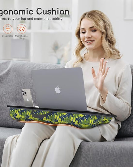Millhome Lap Desk | Portable Laptop Desk – Fits Up to 17.3" Laptops – Detachable & Washable Cushion, Phone Holder, Device Ledge – for Writing, Working, Reading on Bed, Couch, Sofa, Floor – Green Palm