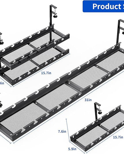 31Inch Extendable Under Desk Cable Management Tray Multi-Model Metal Cable Management Tray Under Desk Cord Management with Clamp Power Strip Cord Holder for Wire Cable Management, Black