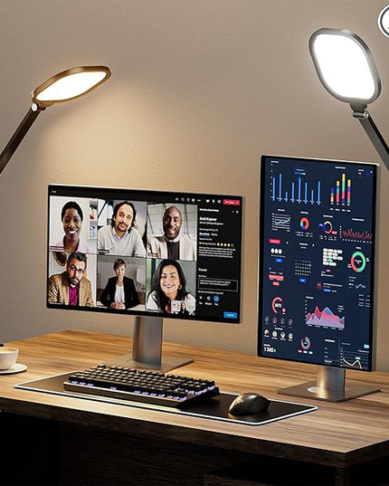2 Packs Led Desk Lamps for Home Office, 1200LM Dimmable Clamp-on Desktop Light, Adjustable Swing Arm Ring Light with Stand, Memory & Timer Function, Eye-Caring Design